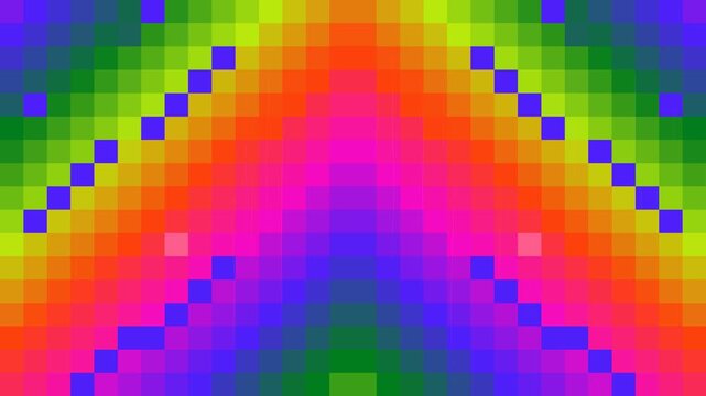 Modern rainbow pixel mosaic background featuring vibrant geometric symmetry, colorful gradient blocks, and smooth transitions.