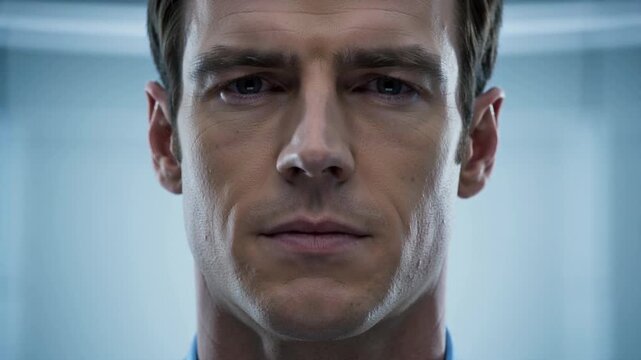 Close-up of a man's face with a digital grid overlay indicating facial recognition technology in a futuristic setting