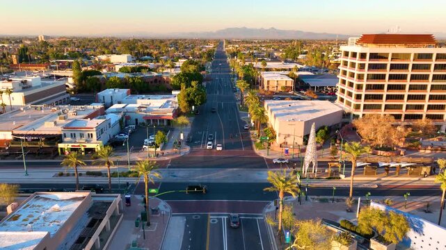 Mesa city center aerial view on Center Street at Main Street at sunset, Mesa, Arizona AZ, USA. 