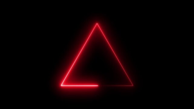 Glowing neon line red  triangle icon animation on black background.4k video