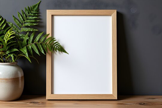 Minimalist scene with a wooden frame and ceramic vase