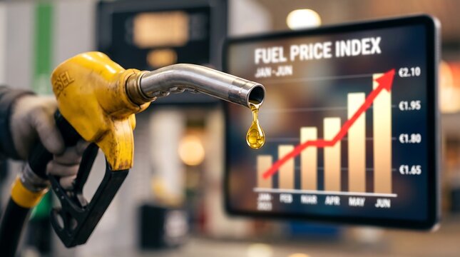 Yellow fuel pump nozzle with a drop of oil and a rising fuel price index graph on a digital display screen