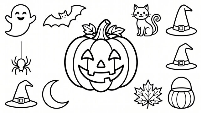 Vector illustration set of cute Halloween line art coloring icons&mdash;featuring simple black outline drawings of a large jack-o'-lantern pumpkin, friendly ghost, flying bat, cute cat, witch hats, hanging 