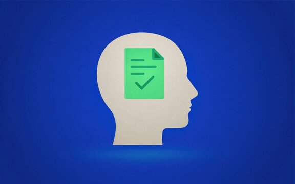 Human head silhouette showing a bright green document icon against a solid vibrant blue background display