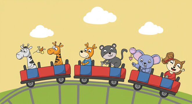 可愛らしい動物たちがカラフルな列車で丘を駆け巡り楽しそうな冒険に出発する明るいイラスト. AI Generated