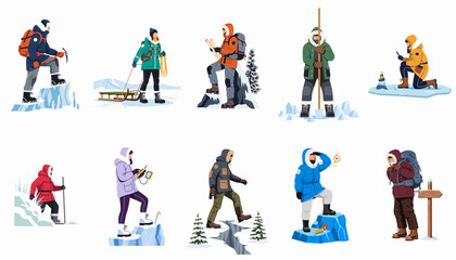 Fototapeta premium Flat Vector Collection of Polar Explorers and Researchers Engaged in Various Arctic Activities and Scientific Expeditions in Winter Gear