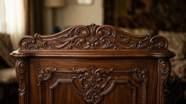 Close-up of intricately carved wooden cabinet with rich Detail closed drawers