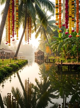 Serene Kerala backwaters landscape during Onam festival featuring traditional houseboats, colorful flower garlands, brass oil lamps, and palm trees in misty morning sunlight.