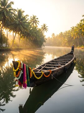 Traditional Kerala boat decorated with garlands on serene backwaters during sunrise for Onam festival, featuring golden sunbeams through coconut palm trees for travel.