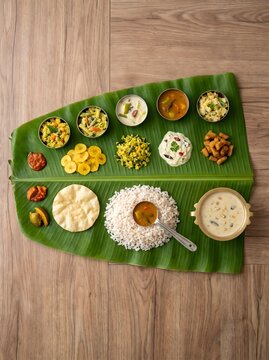 Traditional Kerala Onam Sadhya feast served on a fresh green banana leaf over a wooden floor featuring rice curries pickles and payasam dessert