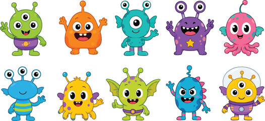 Fototapeta premium Funny alien characters set. Cute cartoon extraterrestrial monsters for kids design.