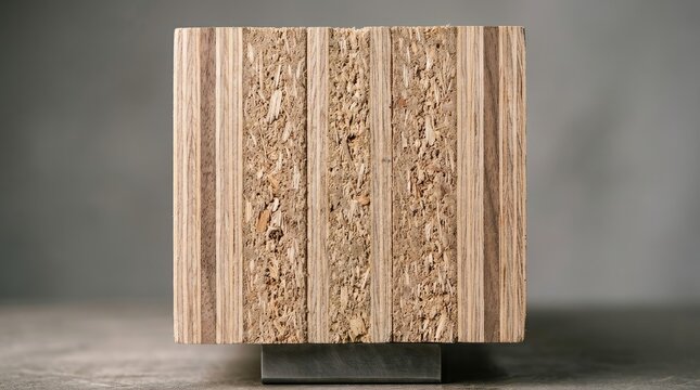 Detailed cross section of engineered wood block showing layered plywood texture and rough particle board core
