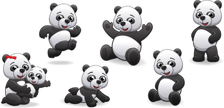 cute happy cartoon panda character set of 6 vector on transparent background