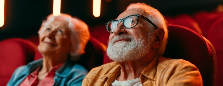 Elderly couple enjoying a movie while sitting in theater seats  