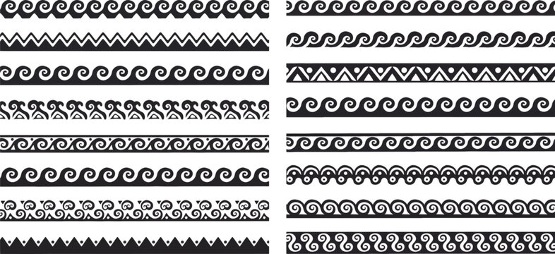 A collection of various vintage black and white wave patterns and decorative border designs for graphic design and illustration