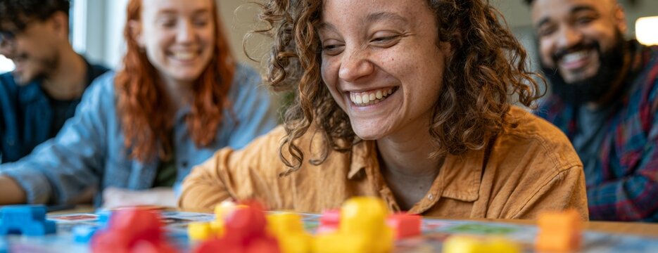 Group of friends enjoying board game with colorful pieces indoors  