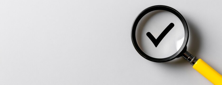 Magnifying glass highlighting check mark on gray background, banner with copy space  