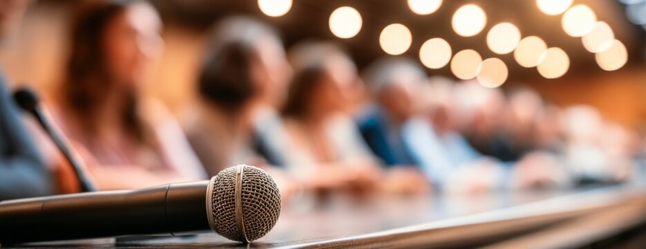 Microphone on table at conference with audience in background  