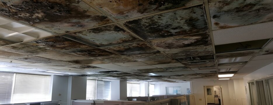 Office ceiling with mold and water damage in commercial space  