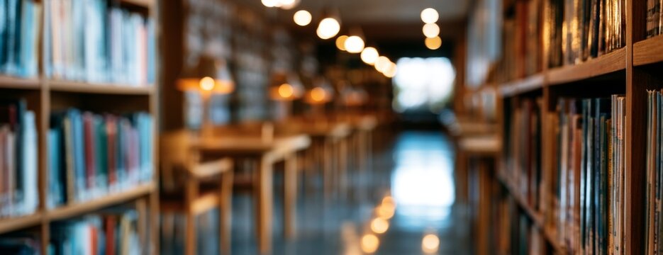 Library interior with rows of bookshelves and reading tables, blurred background  