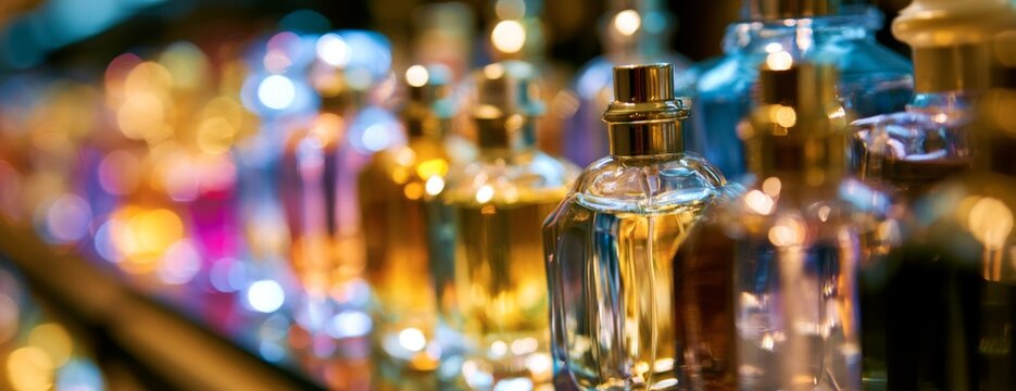 Colorful perfume bottles displayed on a store shelf under soft lighting  