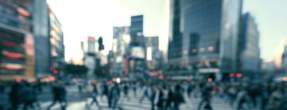 Busy metropolitan intersection with blurred crowd and buildings, blurred background  