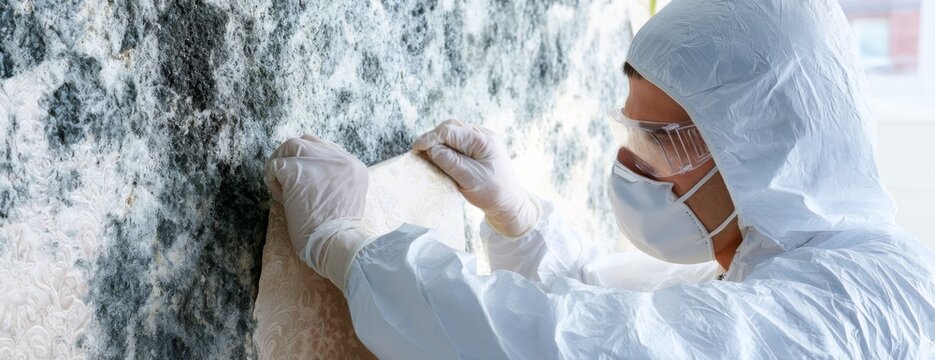 Mold remediation specialist removing mold from a wall indoors  
