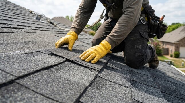 Worker in Yellow Gloves Installing Dark Grey Shingles Roofer repairs damaged roof