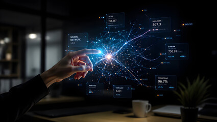 Fototapeta premium Close-up of a person interacting with a glowing digital neural network data interface screen