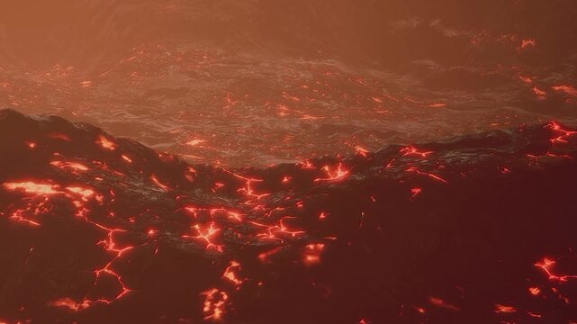 Lava flows are moving across the ground in a volcanic area. The scene has bright red and orange colors. The heat and activity suggest an eruptive event taking place.