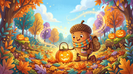 Fototapeta premium Whimsical vector illustration of a cute acorn character exploring an autumn forest at nightfall—featuring a smiling acorn with a backpack and striped scarf lighting a glowing jack-o'-lantern pumpkin l