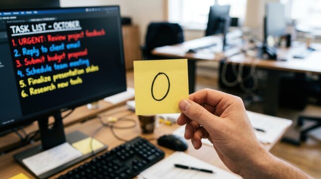 Hand holding yellow sticky note with number 0 Person hold zero
