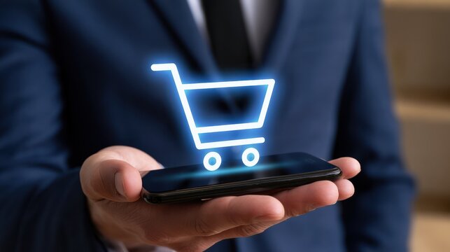 A businessman holding a smartphone with a glowing shopping cart icon on the screen. This represents online shopping and e-commerce