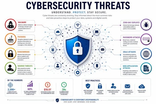 Cybersecurity Threats Infographic with Malware Phishing and Ransomware Prevention for Data Protection