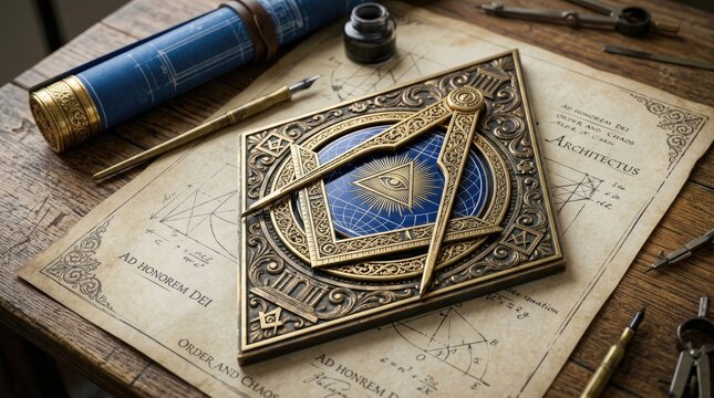 Masonic square and compasses resting atop intricate architectural blueprints on a rustic vintage wooden desk surface