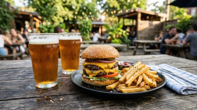 Double cheeseburger and two glasses of beer on A tempting trio: juicy burger stacked