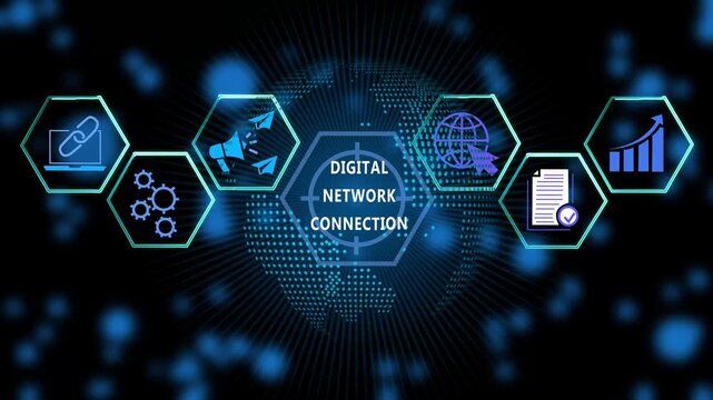 Digital network connection concept featuring futuristic holographic globe interface with animated hexagonal representing global business communication, data analytics, and modern cyber