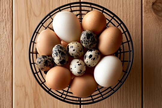 Assorted poultry eggs in a black wire basket on a rustic wooden table top-down shot for organic farm-to-table marketing
