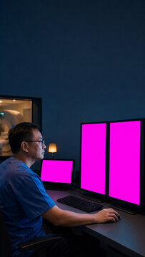 Thai Southeast Asian exactly two screens in the entire frame and no other monitors anywhere. a PACS workstation with two portrait diagnostic displays side by side, technologist doing. Generative AI.