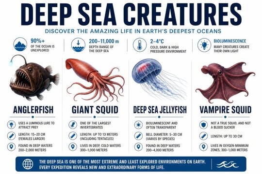 Educational Infographic of Deep Sea Creatures Featuring Anglerfish Giant Squid Jellyfish and Vampire Squid with Scientific Facts