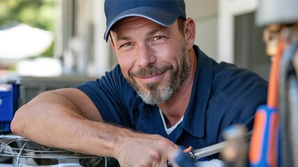 Fototapeta premium A friendly mechanic in a blue cap and shirt, smiling confidently at the camera, leaning on his tools and equipment