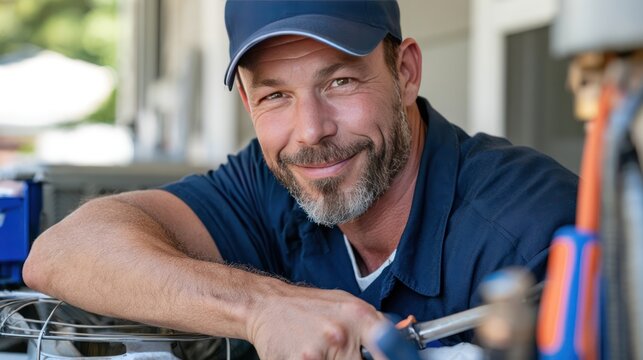 A friendly mechanic in a blue cap and shirt, smiling confidently at the camera, leaning on his tools and equipment