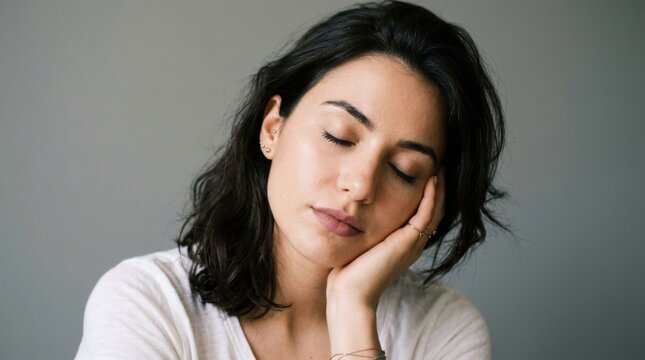 Calm and peaceful close-up portrait of young woman holding cheek in pain suffering from