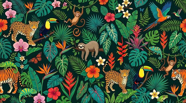Vibrant tropical jungle pattern with exotic animals and plants
