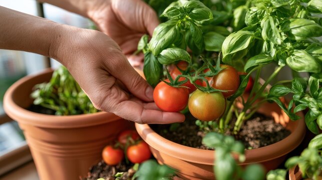 Hands carefully picking ripe cherry tomatoes from a small plant on a balcony, surrounded by fresh basil. This close-up shot highlights the joy of home gardening and fresh produce.
