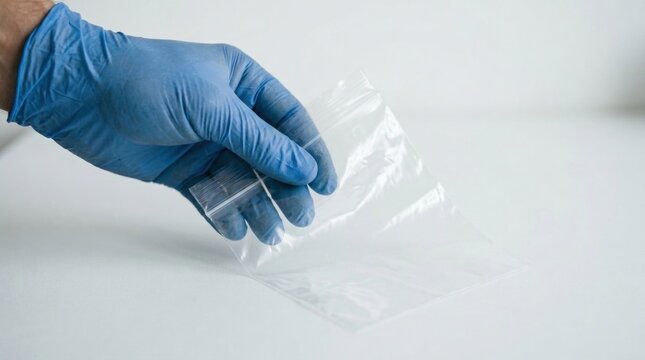 Hand in Blue Latex Glove Holding Transparent Bag Gloved a plastic with white