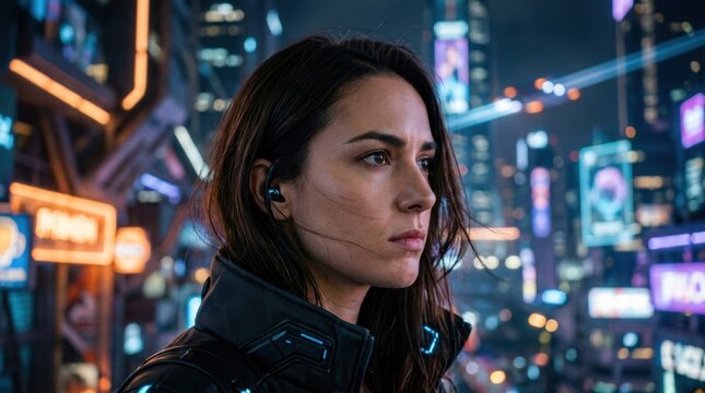 Serious woman with contemplative expression gazing towards futuristic Side profile of a focused human face illuminated