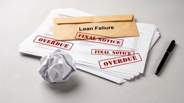 Loan failure envelope resting on financial documents featuring red overdue stamps and a crumpled paper ball
