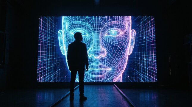 Silhouetted man standing in front of futuristic screen Silhouette person facing neon digital face