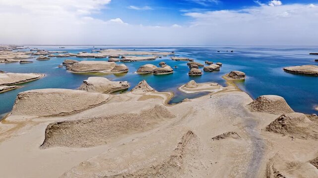 Aerial view of a unique water yardang landform with a turquoise lake and sandy shore in the Qaidam Basin, Qinghai, China